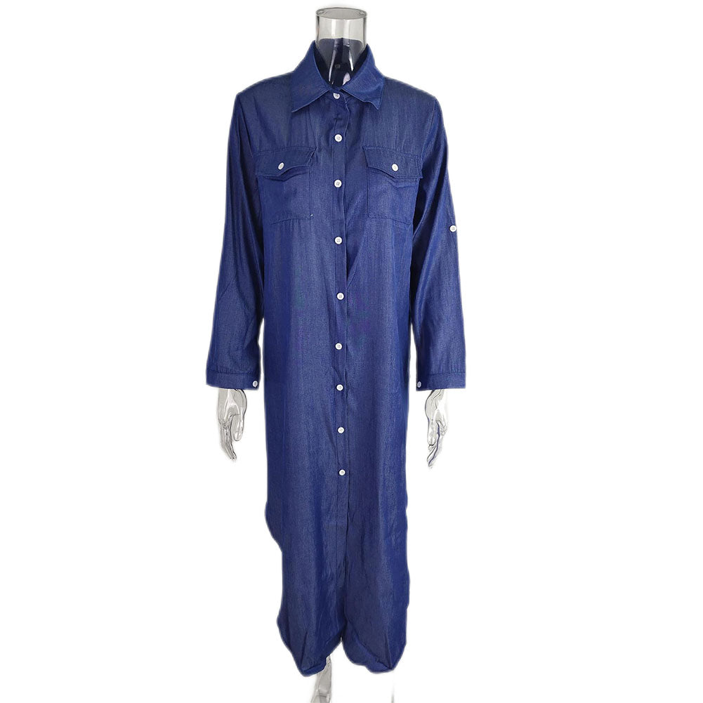 YESFASHION Women Fashion Blue Denim Long Shirt Dress