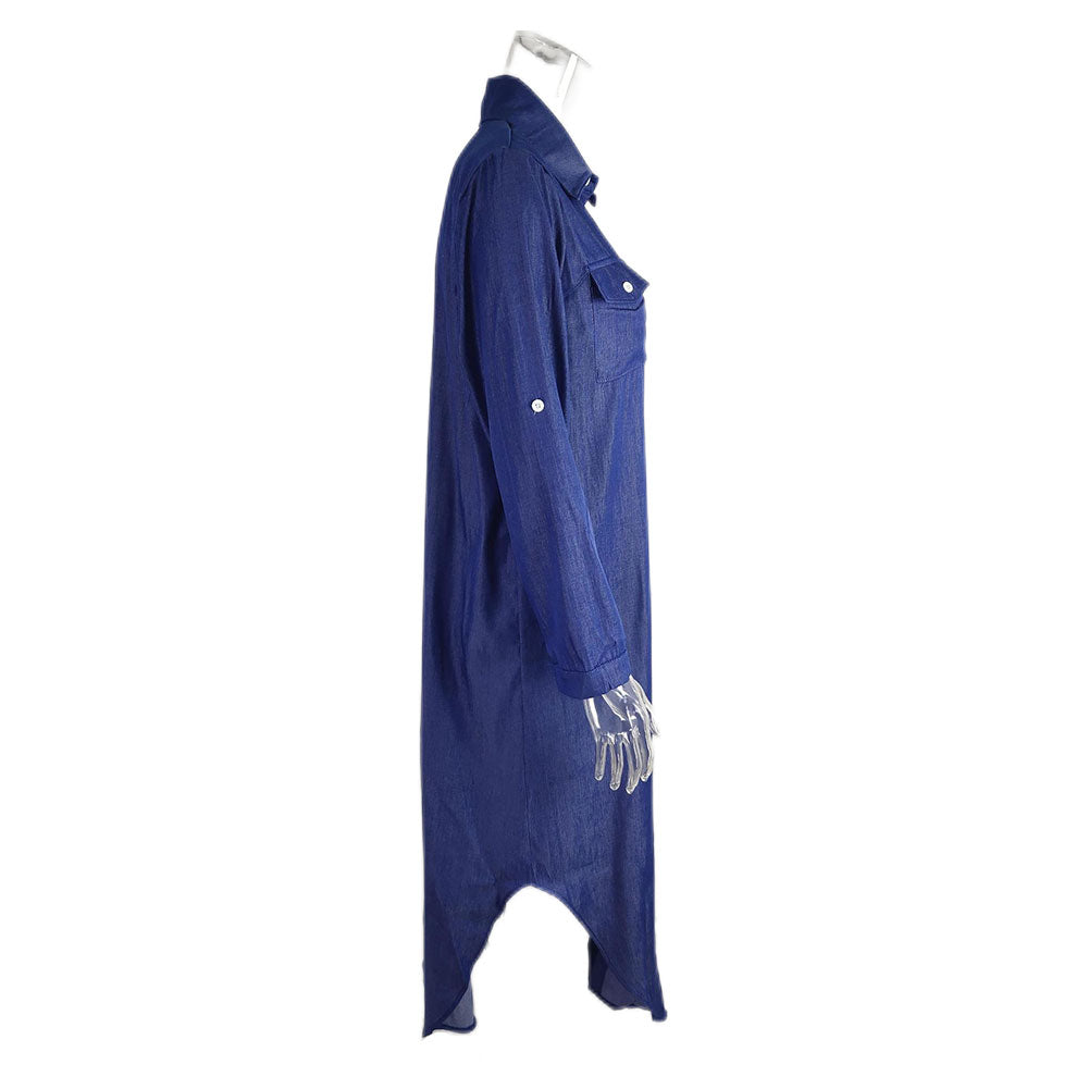 YESFASHION Women Fashion Blue Denim Long Shirt Dress