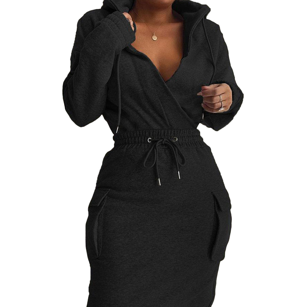 YESFASHION Women Casual Solid Color Drawstring Top Slim Fit Dress Suit