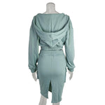 YESFASHION Women Casual Solid Color Drawstring Top Slim Fit Dress Suit