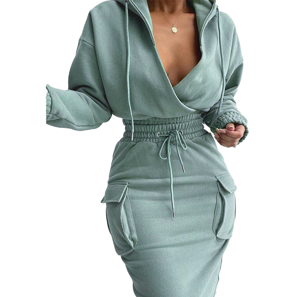 YESFASHION Women Casual Solid Color Drawstring Top Slim Fit Dress Suit