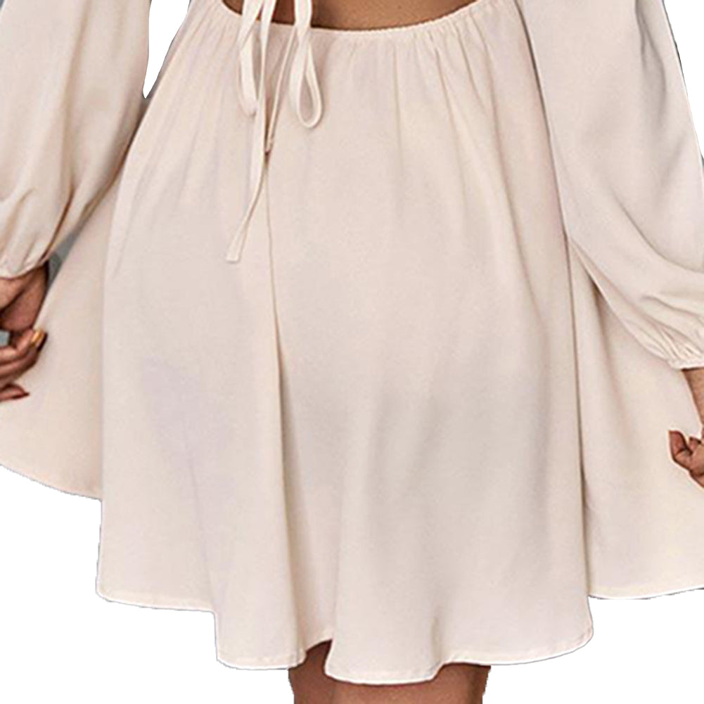 YESFASHION Fashion Commuting Solid Color Tie Hollow Ruffled Dress