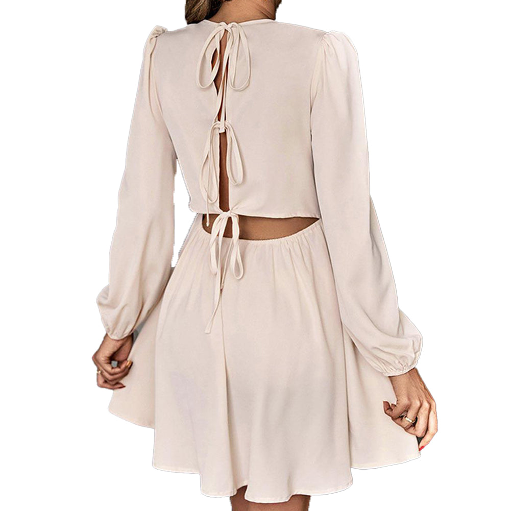 YESFASHION Fashion Commuting Solid Color Tie Hollow Ruffled Dress