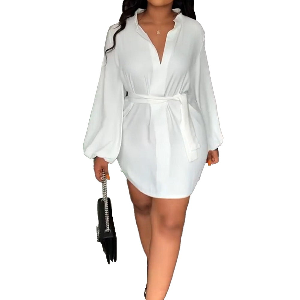 YESFASHION Women Temperament V-neck Puff Sleeve Shirt Dress