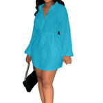 YESFASHION Women Temperament V-neck Puff Sleeve Shirt Dress