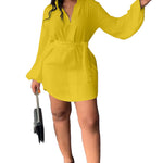 YESFASHION Women Temperament V-neck Puff Sleeve Shirt Dress