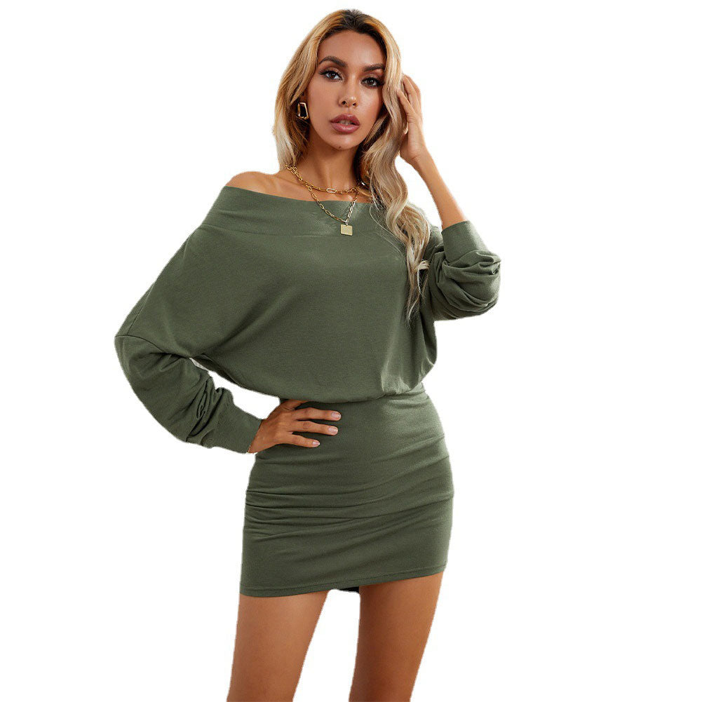 YESFASHION Cover Hip Off Shoulder Raglan Sleeve High Waist Skirt Dress