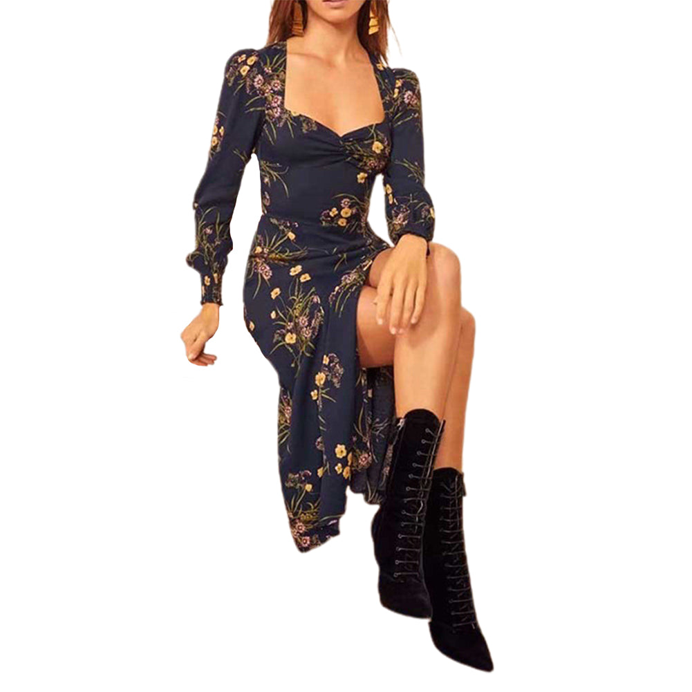 YESFASHION Elegant Square Neck Balloon Sleeve Printed Slit Dress