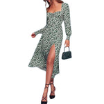 YESFASHION Elegant Square Neck Balloon Sleeve Printed Slit Dress