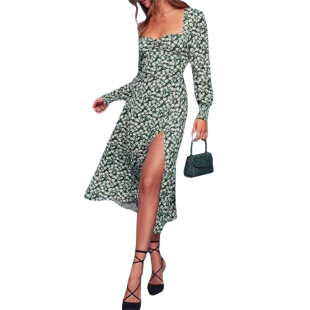 YESFASHION Elegant Square Neck Balloon Sleeve Printed Slit Dress