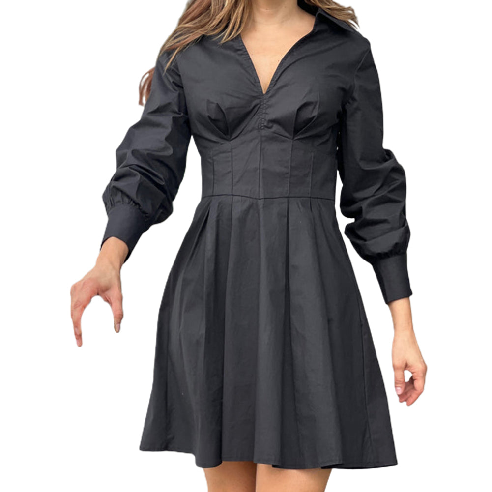 YESFASHION Women Elegant Casual Solid Color V-neck Dress