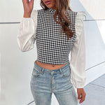 YESFASHION Half High Neck Ruffle Long Sleeve Houndstooth Tops