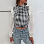 YESFASHION Half High Neck Ruffle Long Sleeve Houndstooth Tops