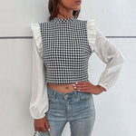 YESFASHION Half High Neck Ruffle Long Sleeve Houndstooth Tops