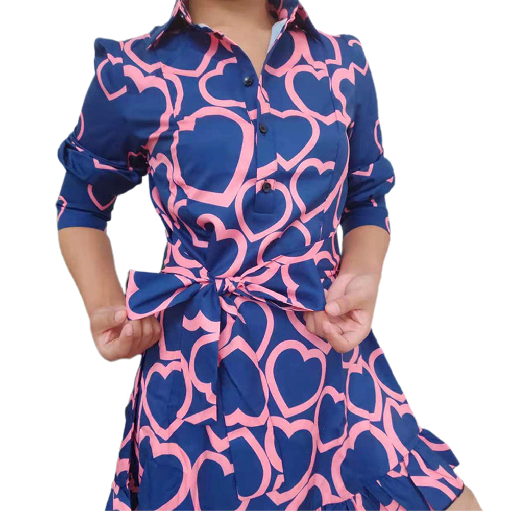 YESFASHION Commuting Love Print Shirt Collar Tie Waist Dress