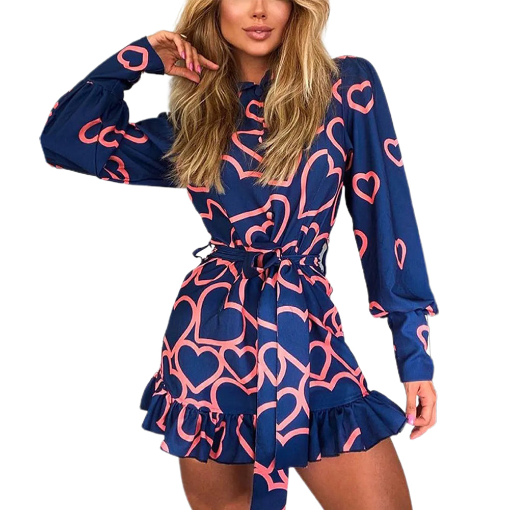 YESFASHION Commuting Love Print Shirt Collar Tie Waist Dress