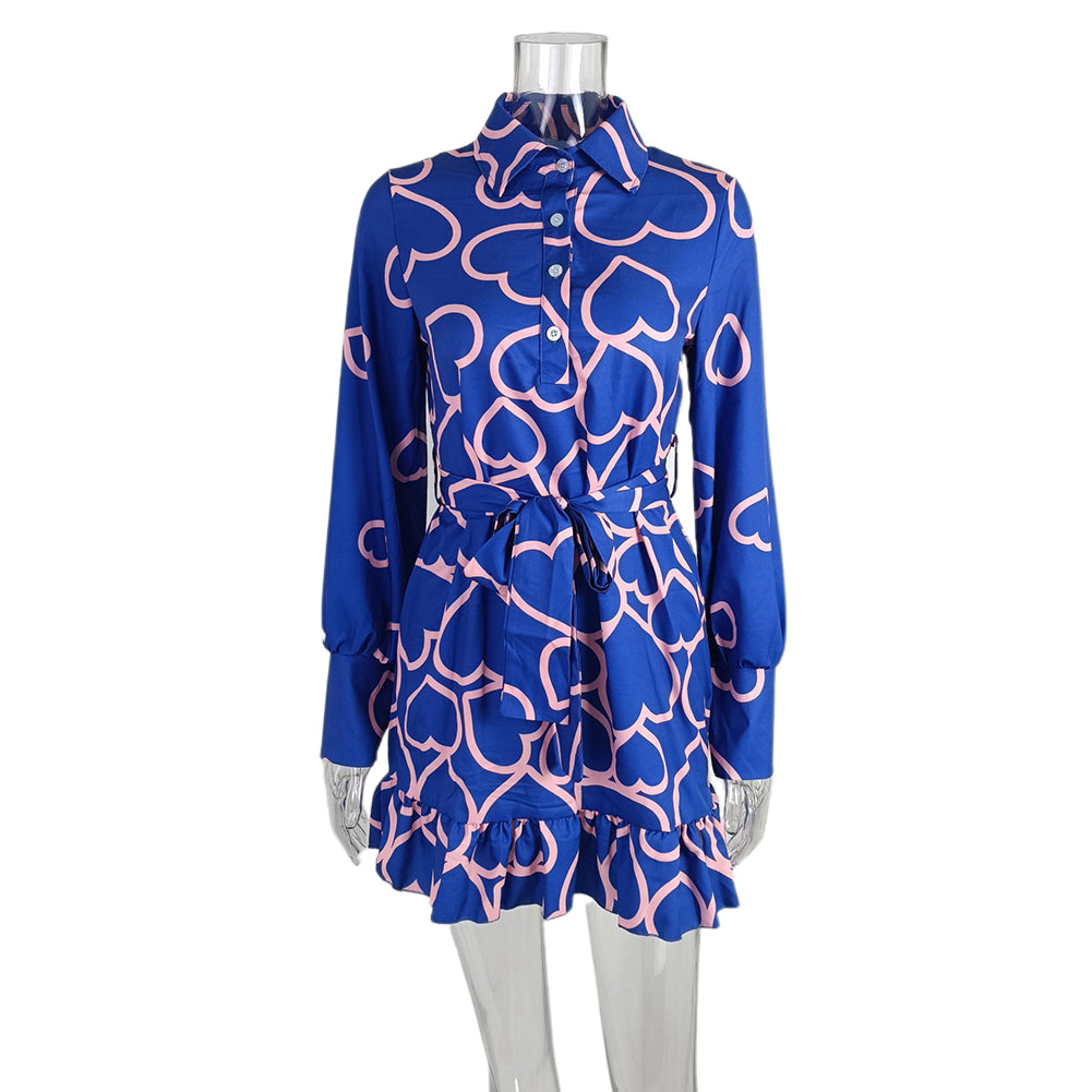 YESFASHION Commuting Love Print Shirt Collar Tie Waist Dress