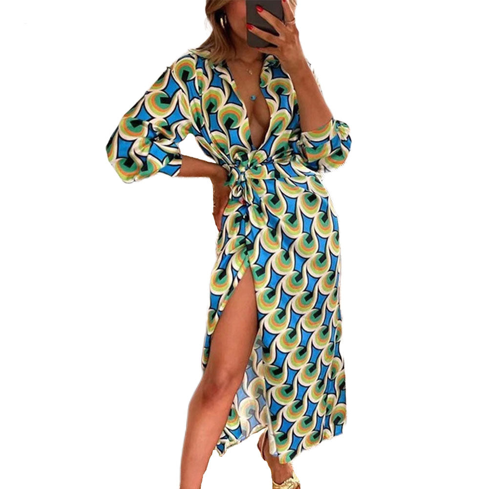 YESFASHION Women Temperament Fashion Long-sleeved Print Dress