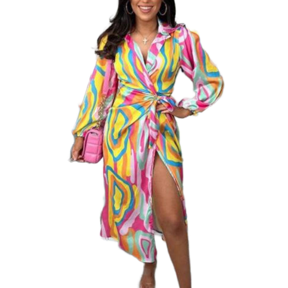 YESFASHION Women Temperament Fashion Long-sleeved Print Dress