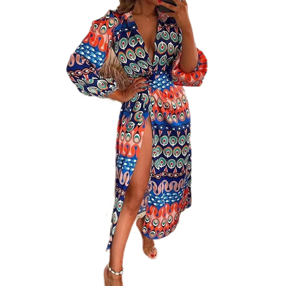 YESFASHION Women Temperament Fashion Long-sleeved Print Dress
