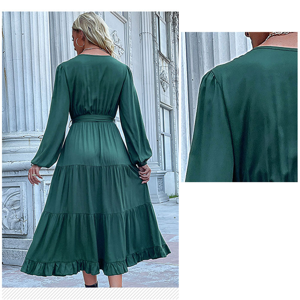 YESFASHION Women Clothing New Long-sleeved Pleated Dress