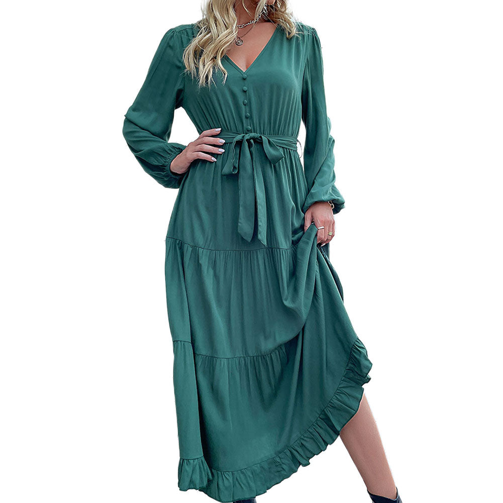 YESFASHION Women Clothing New Long-sleeved Pleated Dress