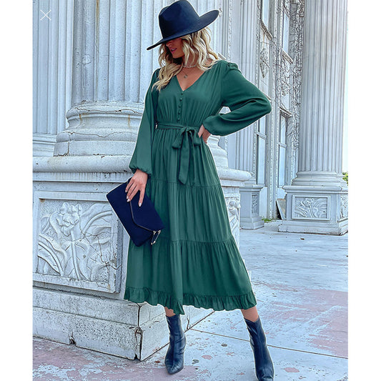 YESFASHION Women Clothing New Long-sleeved Pleated Dress