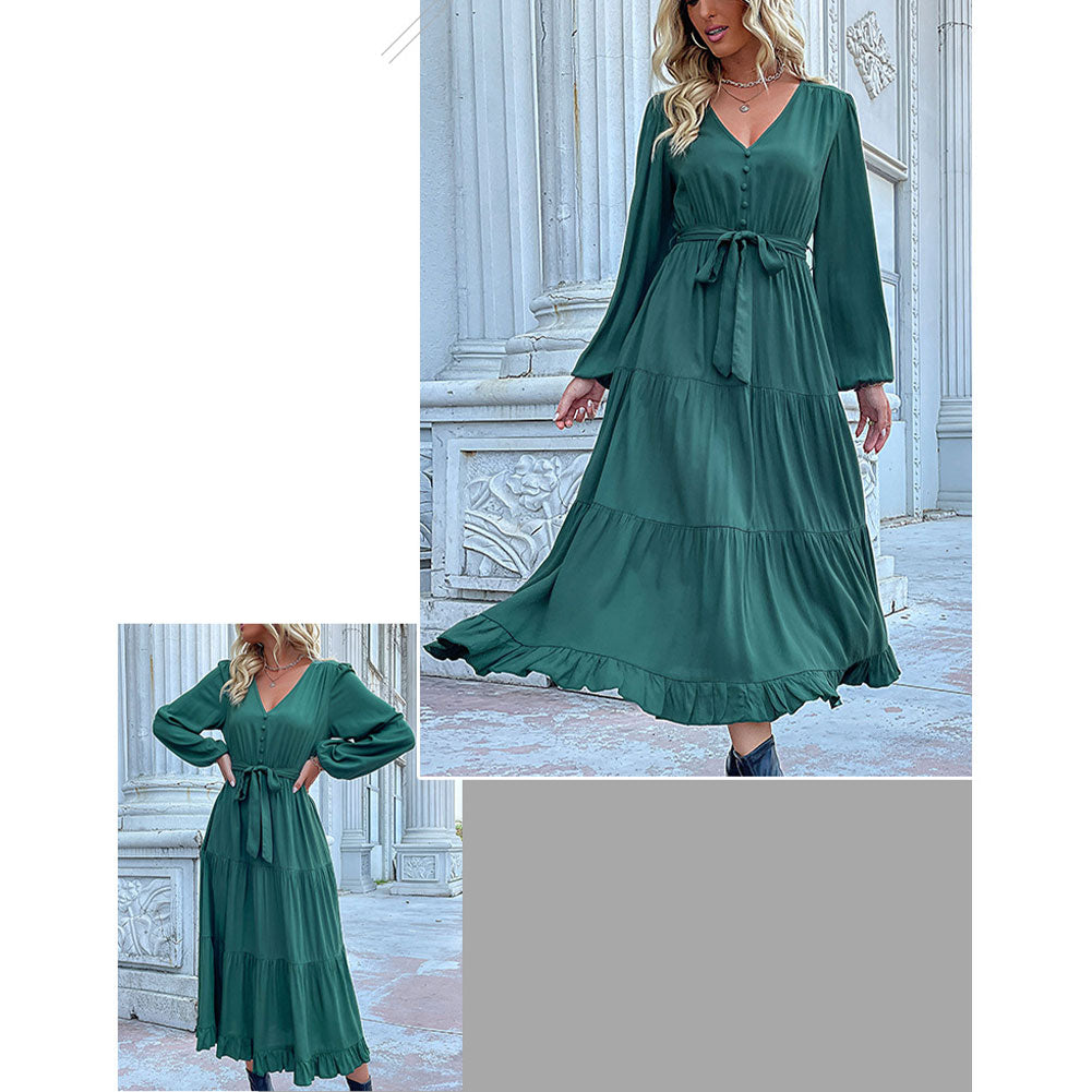 YESFASHION Women Clothing New Long-sleeved Pleated Dress