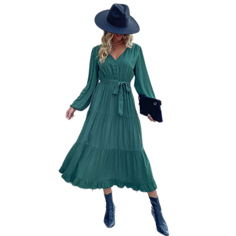 YESFASHION Women Clothing New Long-sleeved Pleated Dress