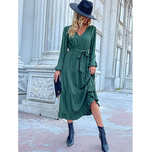 YESFASHION Women Clothing New Long-sleeved Pleated Dress