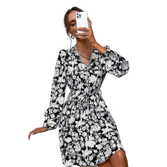 YESFASHION New V-neck Long-sleeved Printed Dress