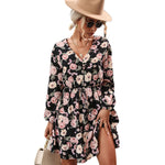 YESFASHION Women Autumn V-neck Long-sleeved Printed Dress