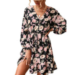 YESFASHION Women Autumn V-neck Long-sleeved Printed Dress