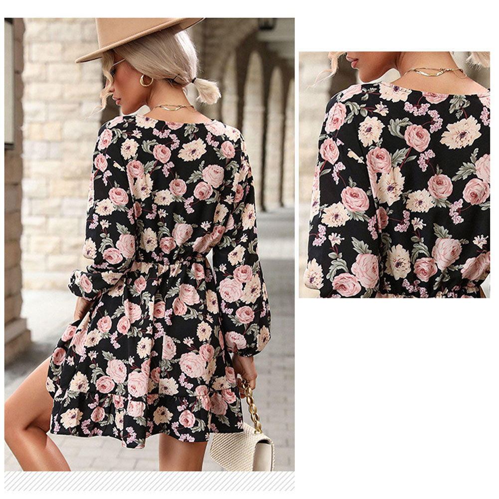 YESFASHION Women Autumn V-neck Long-sleeved Printed Dress