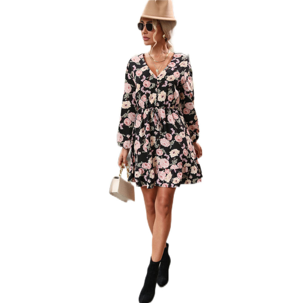 YESFASHION Women Autumn V-neck Long-sleeved Printed Dress