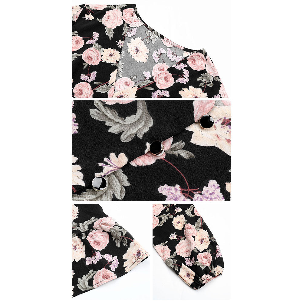 YESFASHION Women Autumn V-neck Long-sleeved Printed Dress