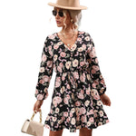 YESFASHION Women Autumn V-neck Long-sleeved Printed Dress