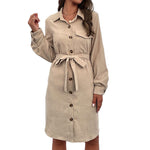 YESFASHION Solid Long Sleeve Shirt Cut Corduroy Dress