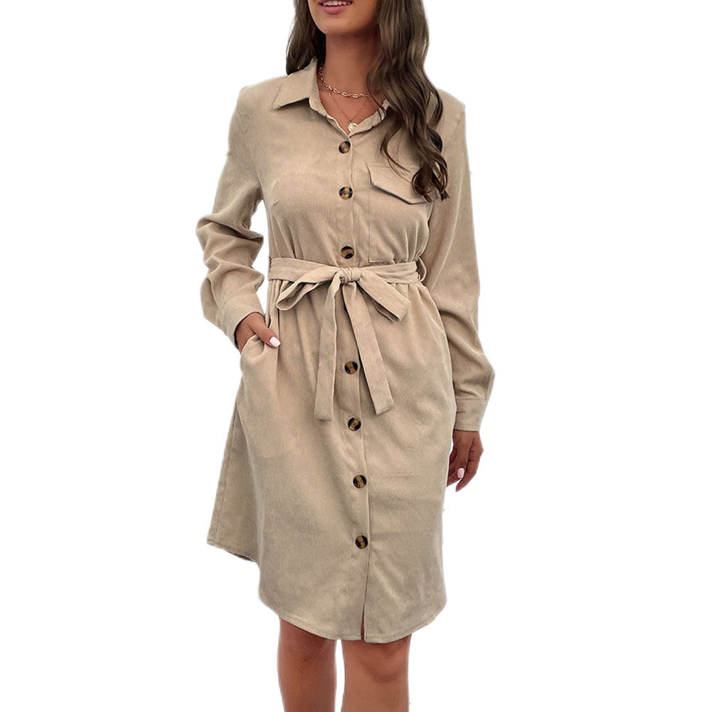 YESFASHION Solid Long Sleeve Shirt Cut Corduroy Dress