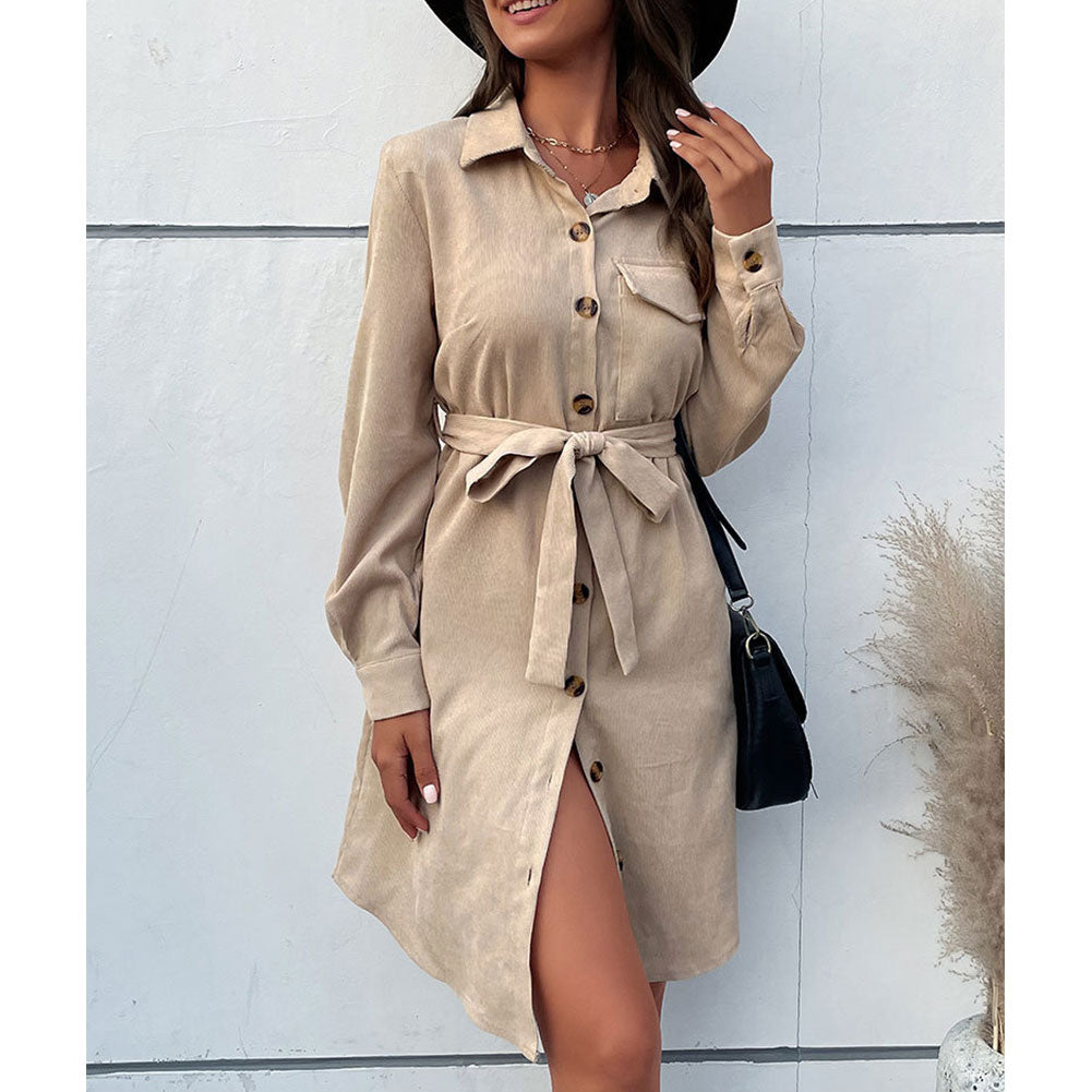 YESFASHION Solid Long Sleeve Shirt Cut Corduroy Dress