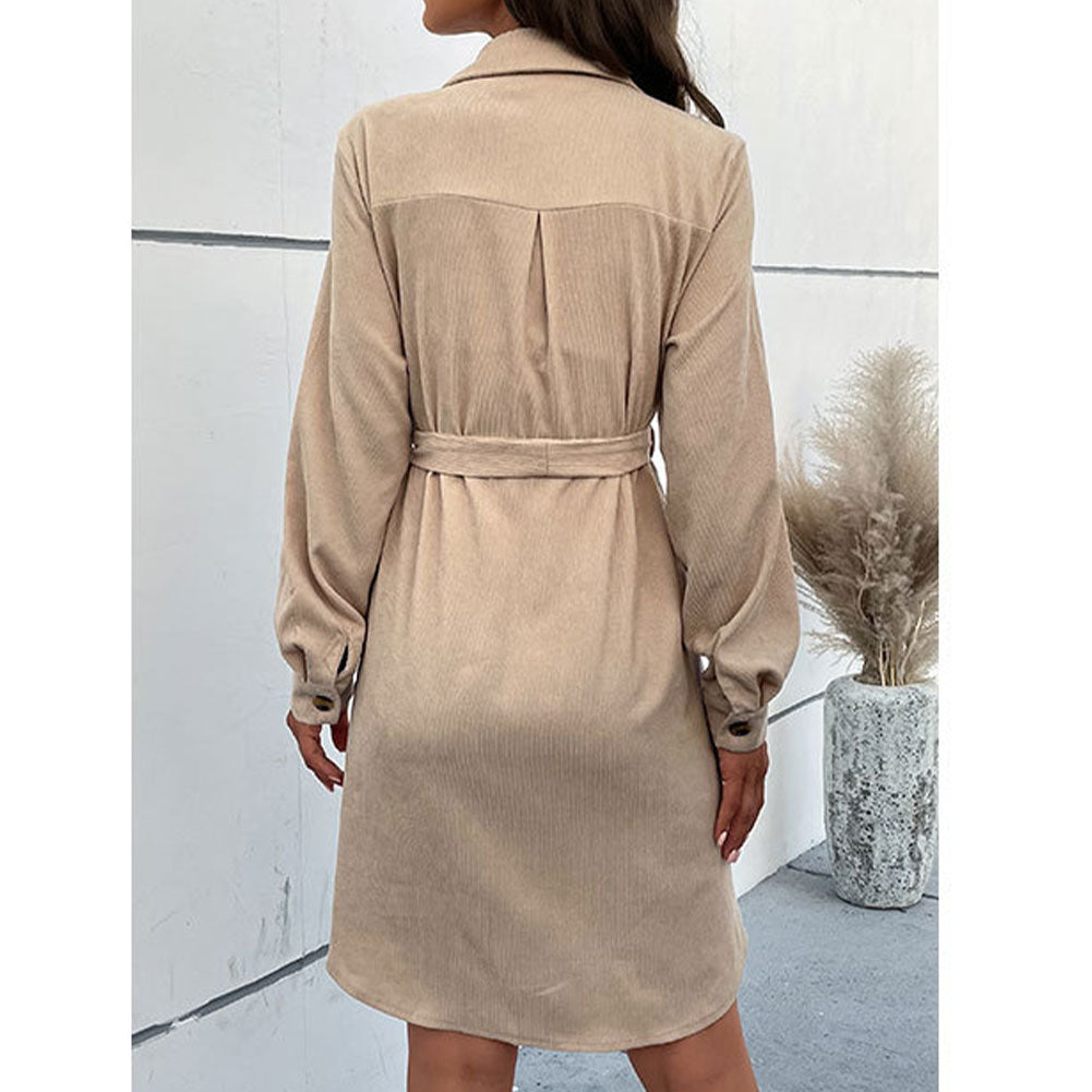 YESFASHION Solid Long Sleeve Shirt Cut Corduroy Dress