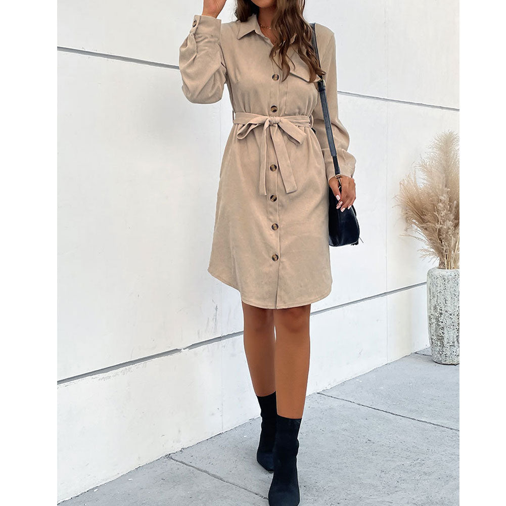 YESFASHION Solid Long Sleeve Shirt Cut Corduroy Dress