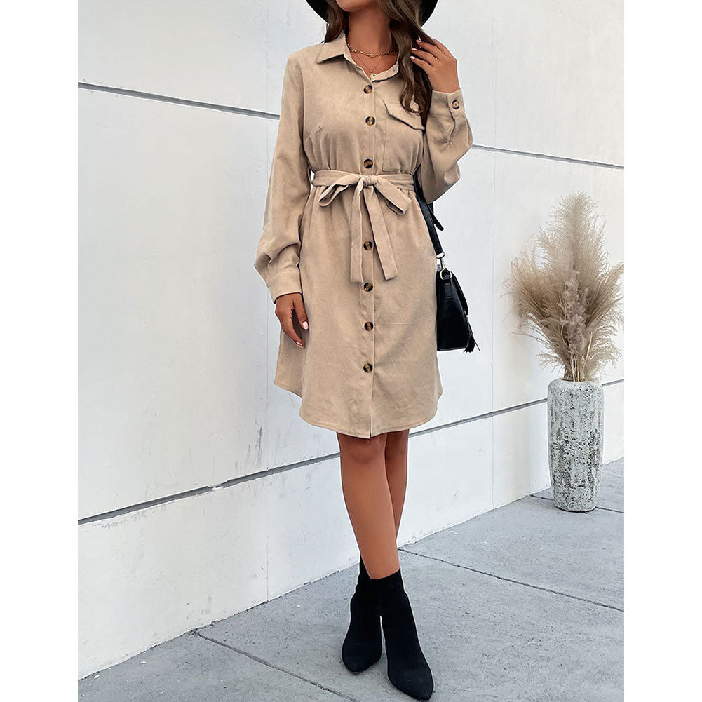 YESFASHION Solid Long Sleeve Shirt Cut Corduroy Dress