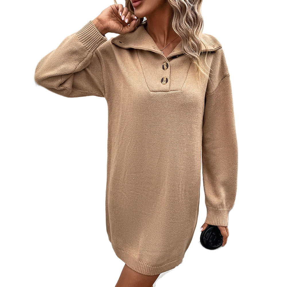 YESFASHION Winter Solid Color Long-sleeved Lapel Sweater Dress