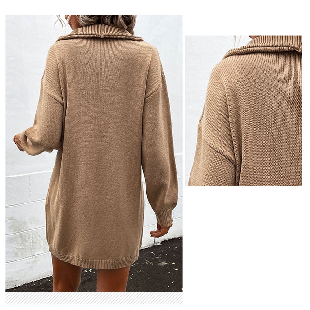 YESFASHION Winter Solid Color Long-sleeved Lapel Sweater Dress