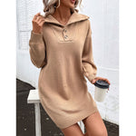 YESFASHION Winter Solid Color Long-sleeved Lapel Sweater Dress
