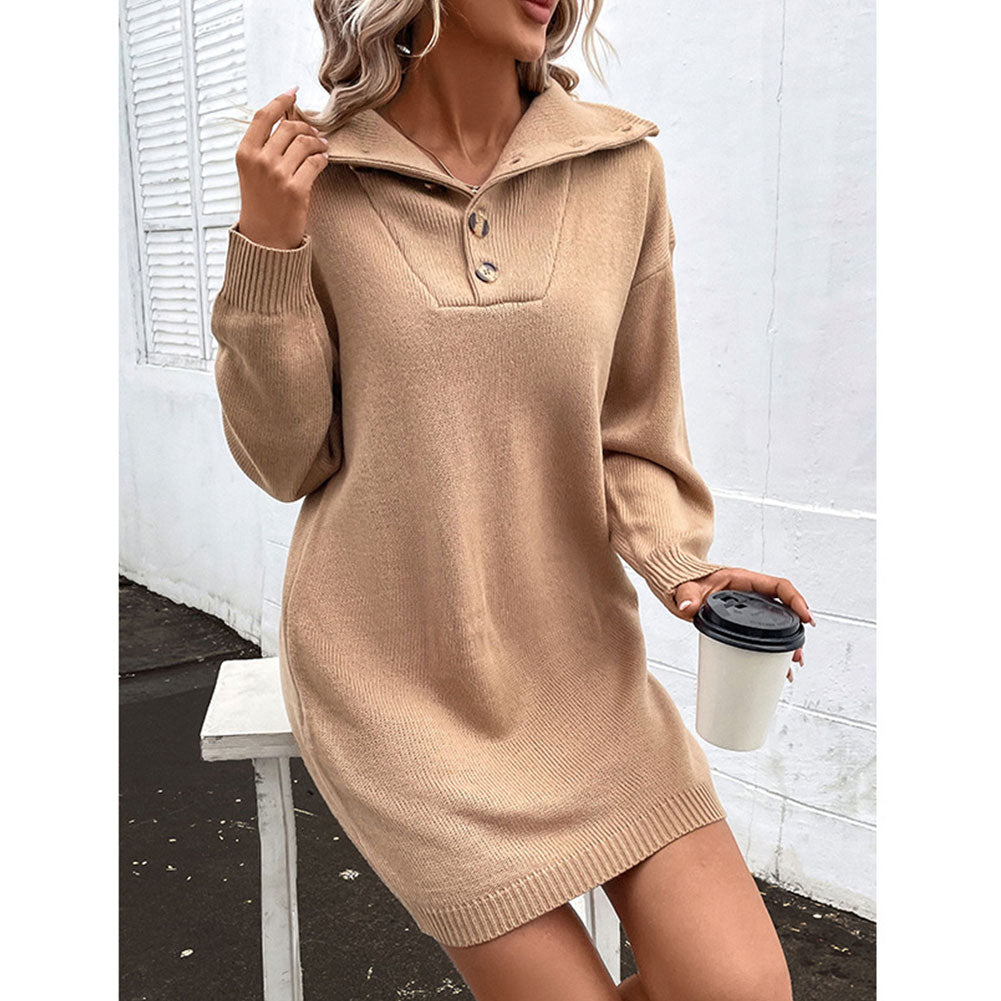 YESFASHION Winter Solid Color Long-sleeved Lapel Sweater Dress