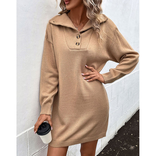 YESFASHION Winter Solid Color Long-sleeved Lapel Sweater Dress