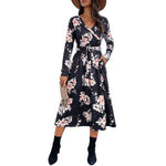 YESFASHION Spring V-neck Long-sleeved Printed Dress