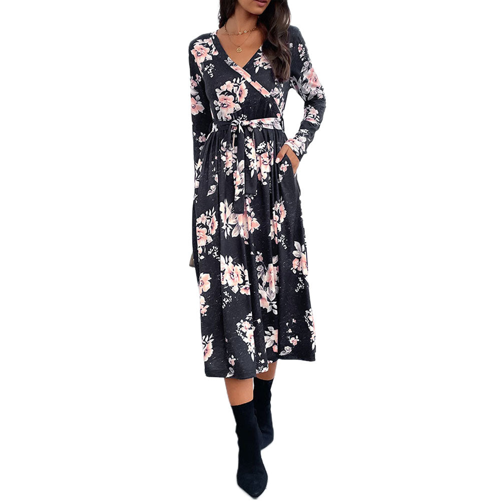 YESFASHION Spring V-neck Long-sleeved Printed Dress